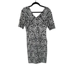 J. McLaughlin Catalina Cloth Dress M Black White Damask Faux Wrap Pockets Travel